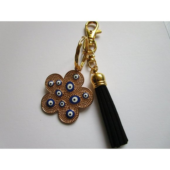 Gold tone blue evil eye flower charm key chain black leather tassel purse charm - Picture 6 of 10